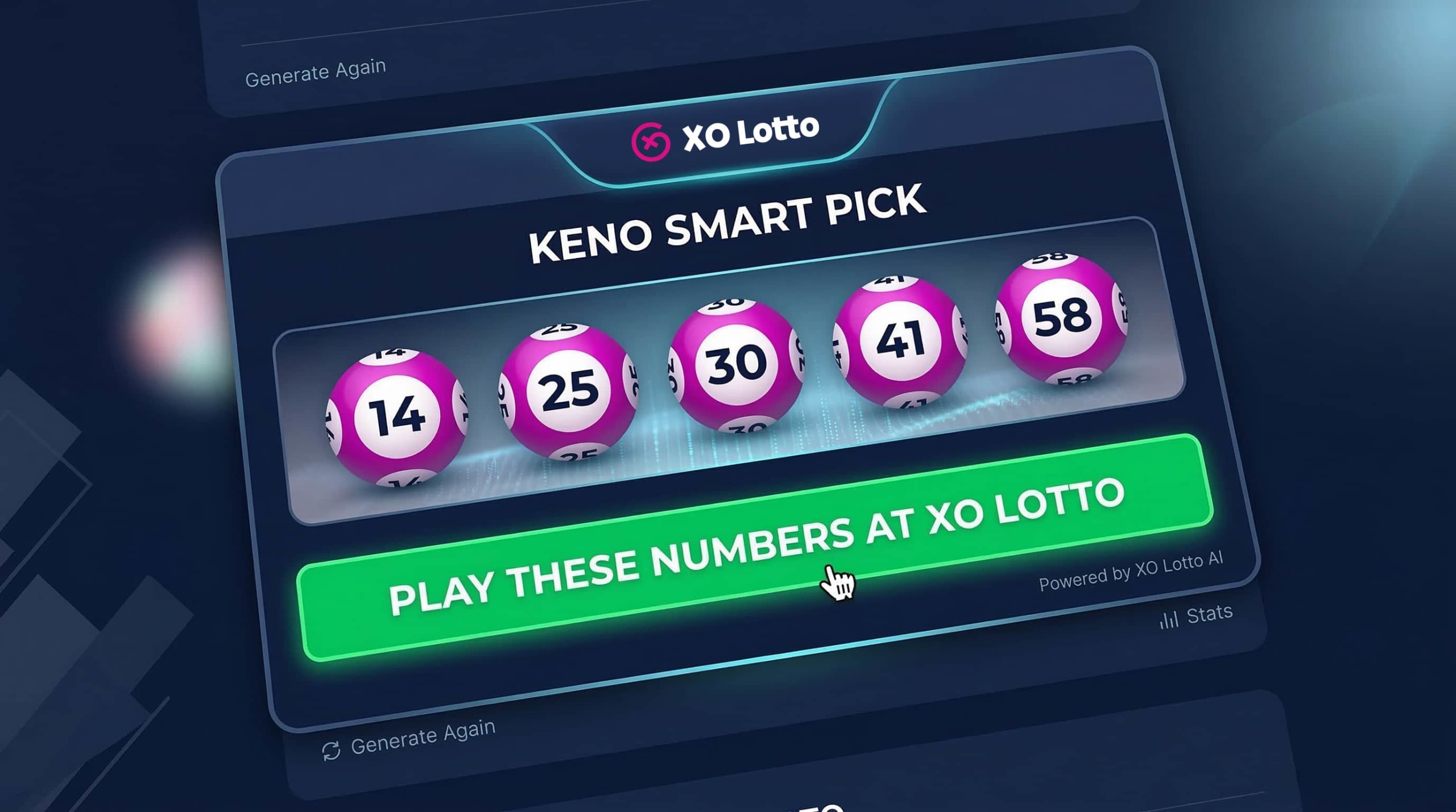 Keno number generator — XO Lotto smart pick widget showing 5 generated number balls and a green Play at XO Lotto CTA button